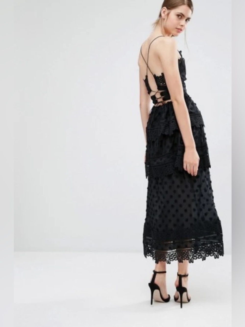 Self-Portrait Ivy Black Lace Tiered Maxi Dress with Polka Dot Mesh US 6 - Picture 4 of 8